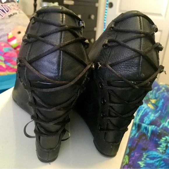 Fergie Black Peep-Toe Wedges - Picture 5 of 7